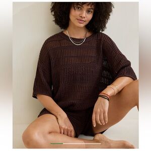 Aerie Oversized Brown Crocheted Short Sleeve Sweater Size Medium